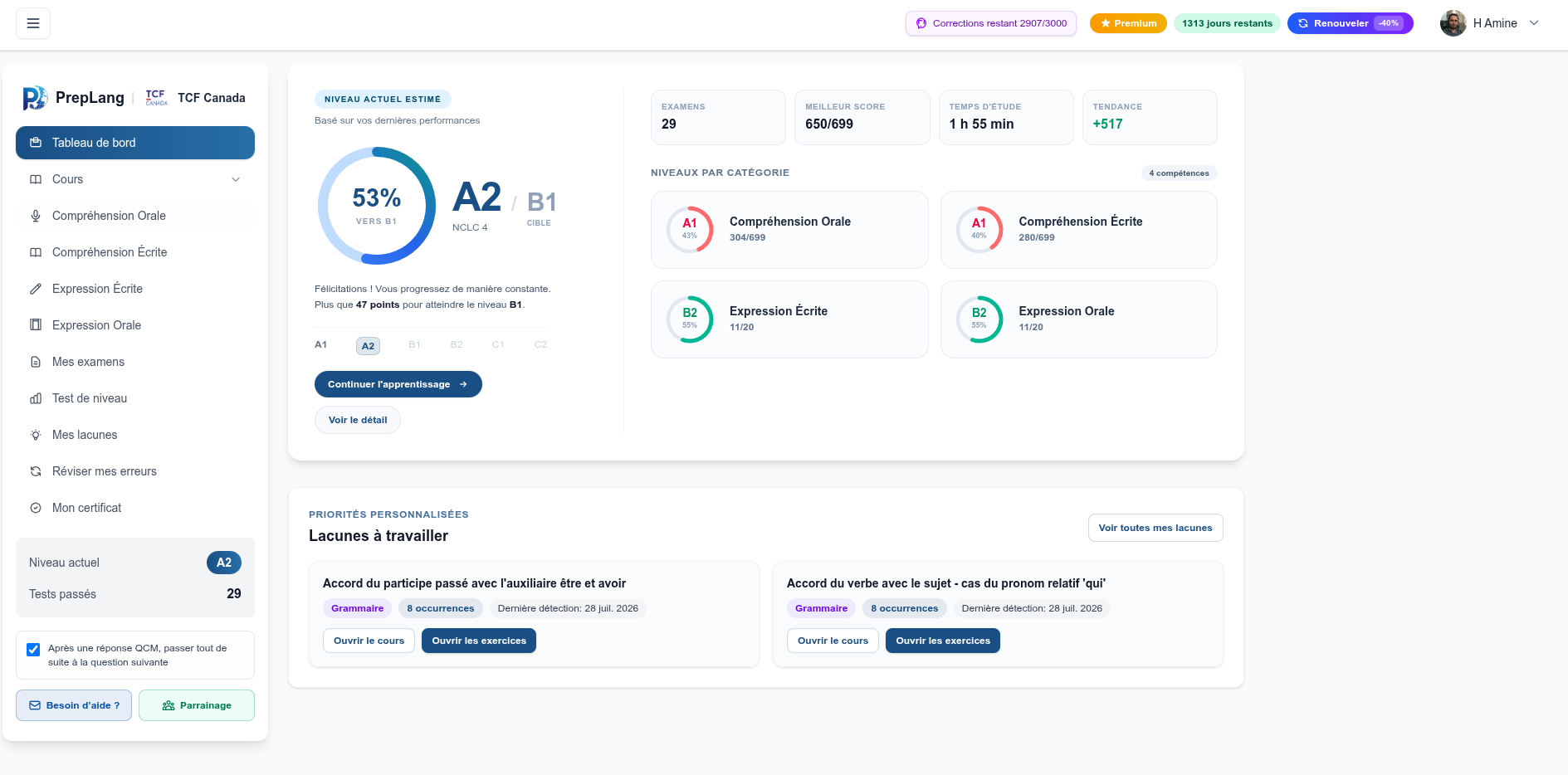 Preplang Dashboard - TCF Canada preparation and level estimation